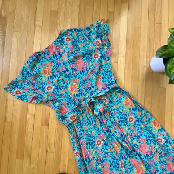 Floral V-Neck Surplice Hem Wrap Tie Side Butterfly Sleeve Maxi Dress Size S - Picture 10 of 12